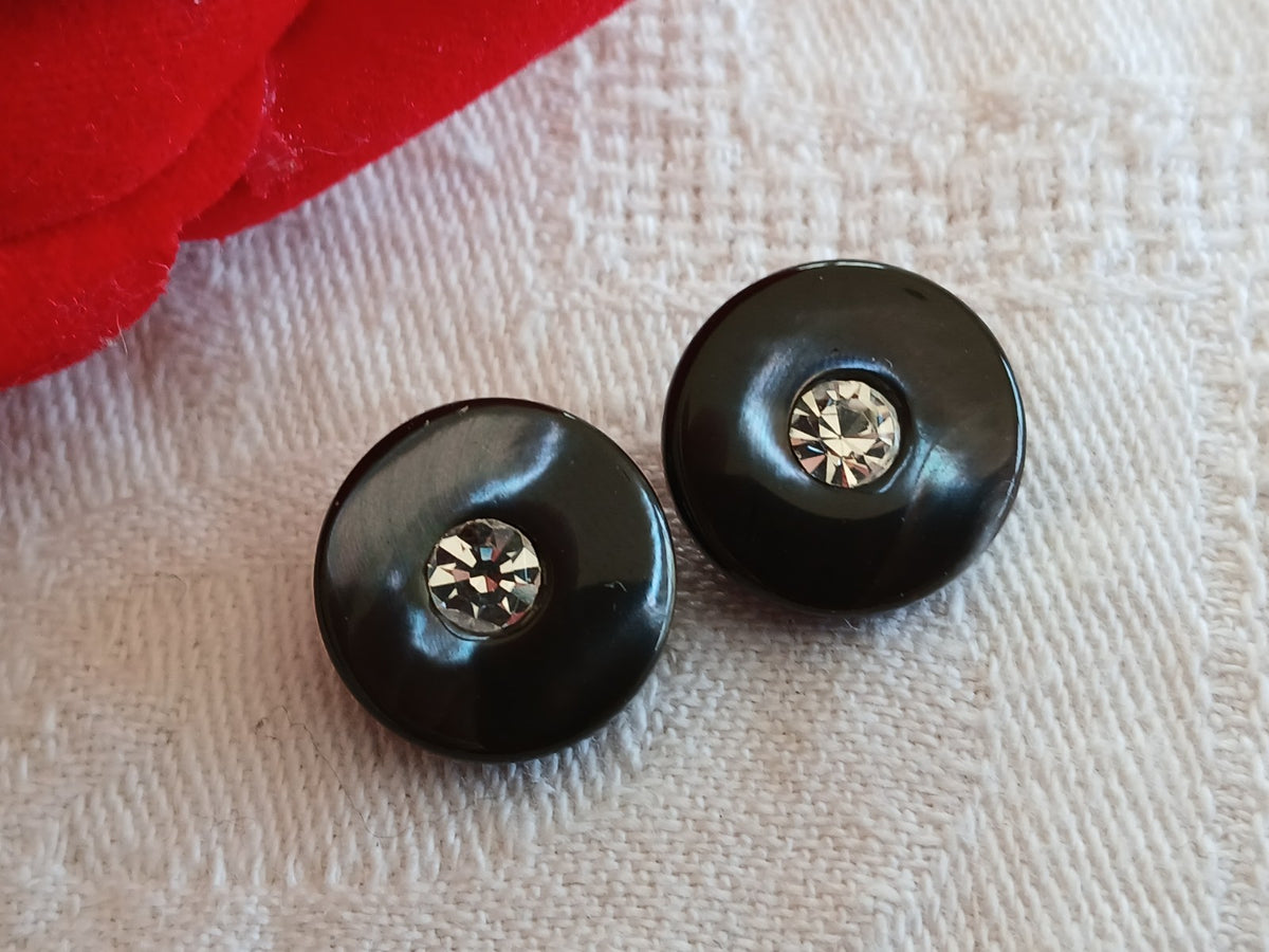 duo petits boutons anciens en nacre avec strass gris 1,4 cm ou 14 mm D14B