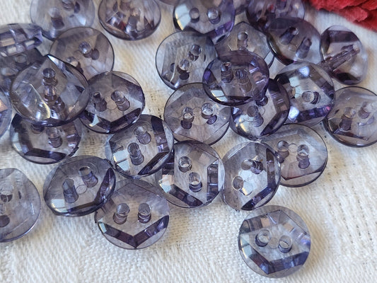 Lot 29 boutons vintage transparent violet plastique trous petits 1,1 cm ref 2983