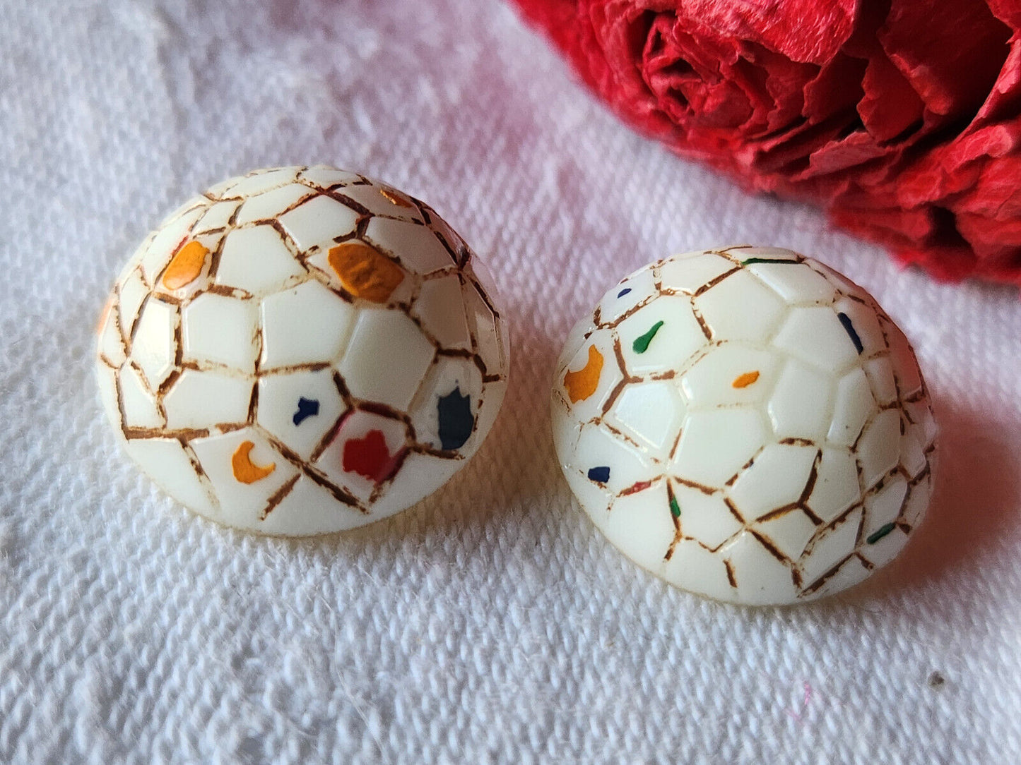 Duo boutons anciens en verre peint effet craquelé 1,8 cm pied D9L