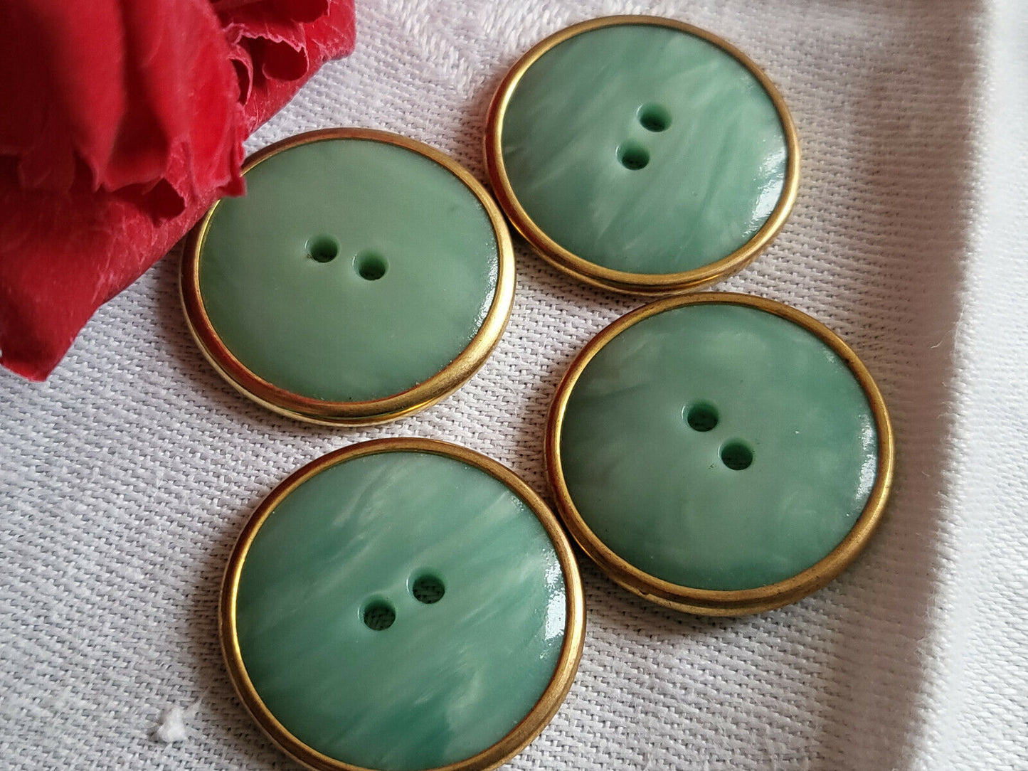 Lot 4 boutons anciens vert d'eau bleu cerclé métal diamètre 2,2 cm ref 2164