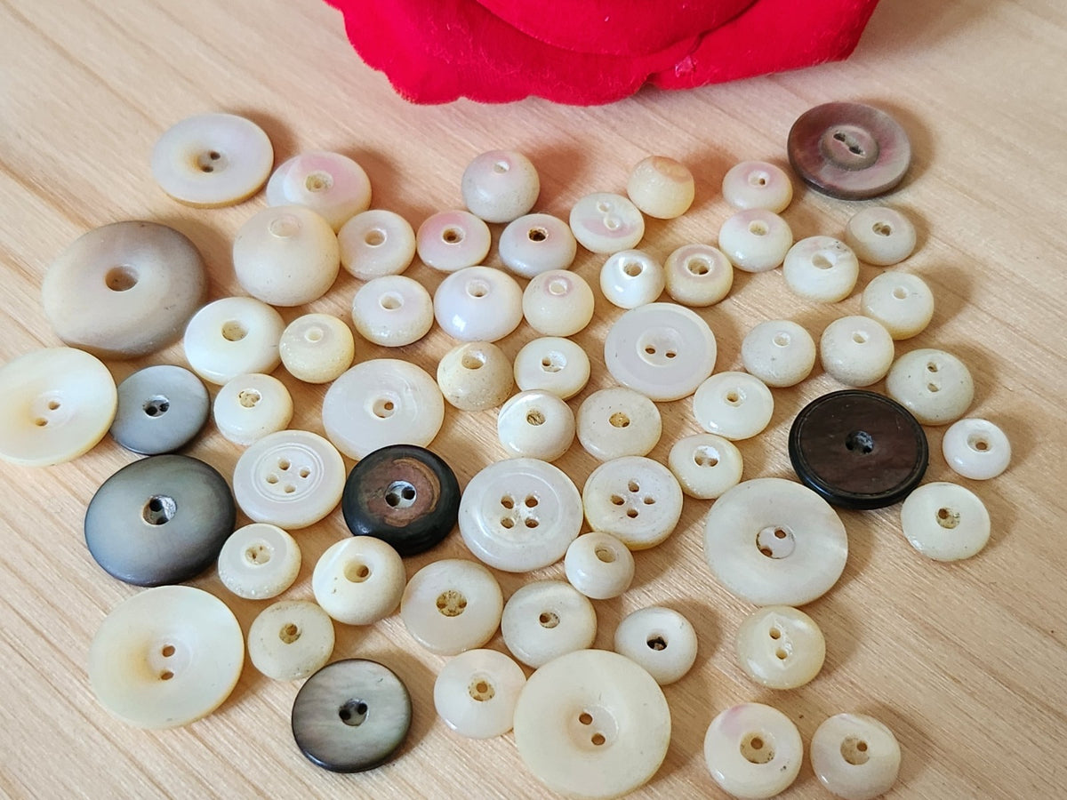 Lot 60 boutons anciens en nacre mini sifflet deux trous 0,7 cm à 1,9 cm T8