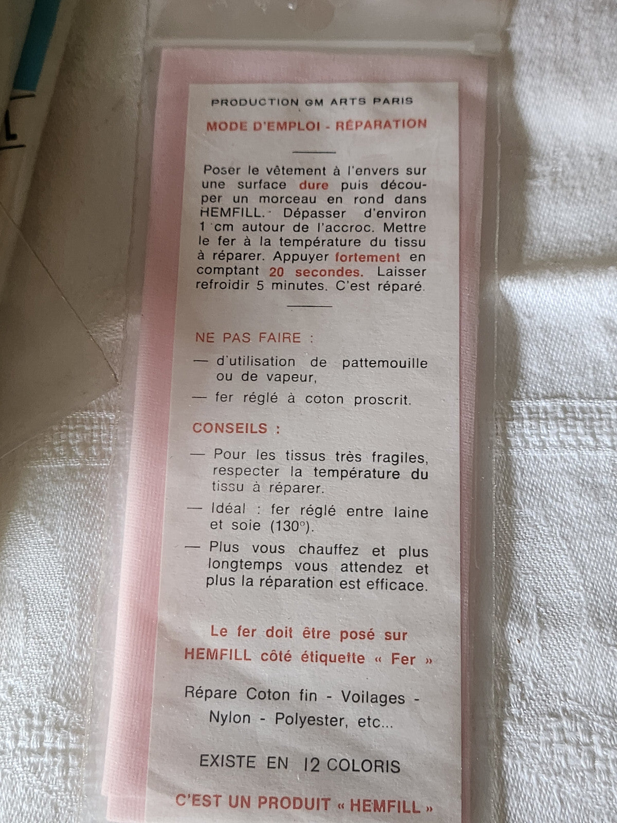 Hemfill Vintage ancien "répare trous et accroc" tissus fins rose thermocollant