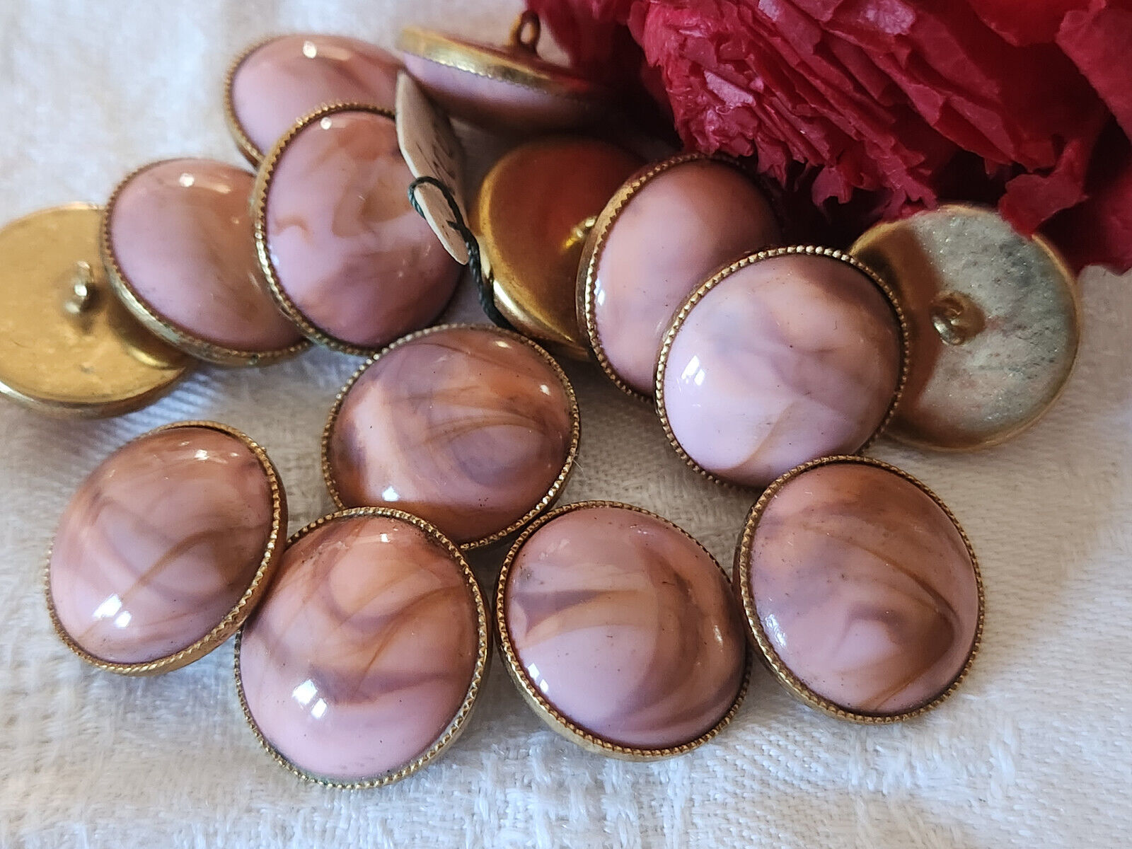 Lot 6 superbes boutons vintage métal doré coeur rose marbrure 1,9 cm ref 2493