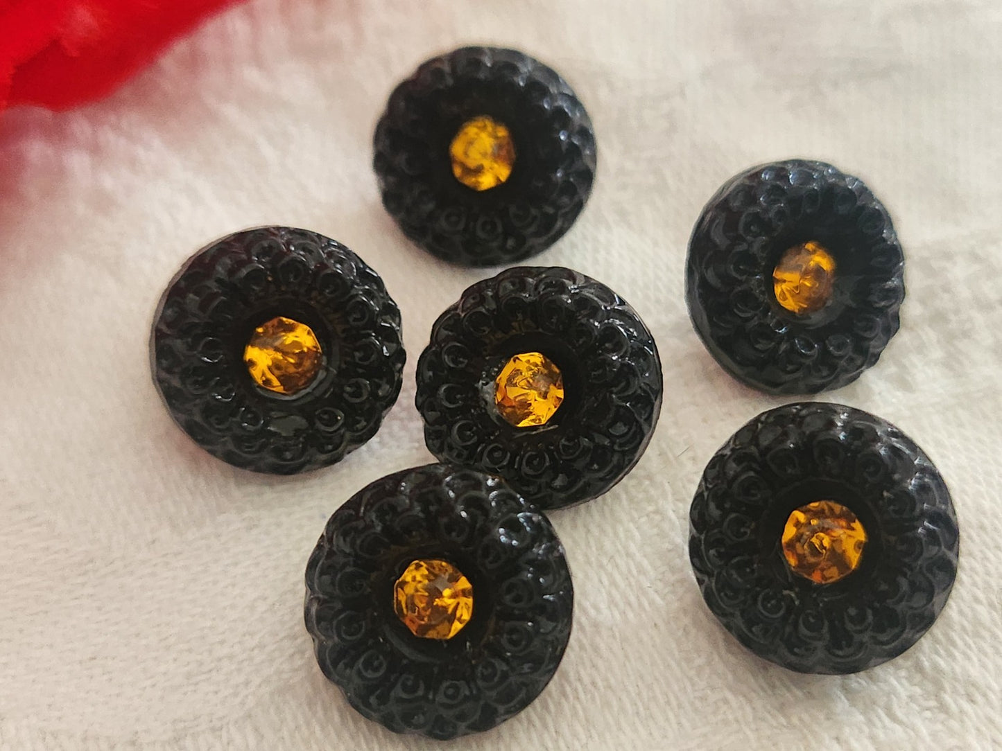 Lot 6 boutons vintage en verre noir avec strass orange 13 mm ou  1,3 cm ref 6355