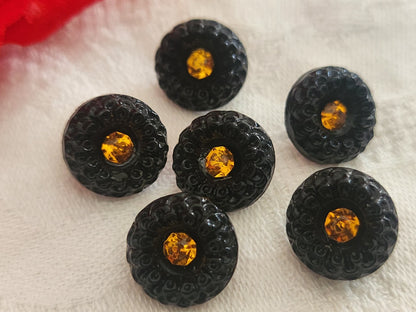 Lot 6 boutons vintage en verre noir avec strass orange 13 mm ou  1,3 cm ref 6355