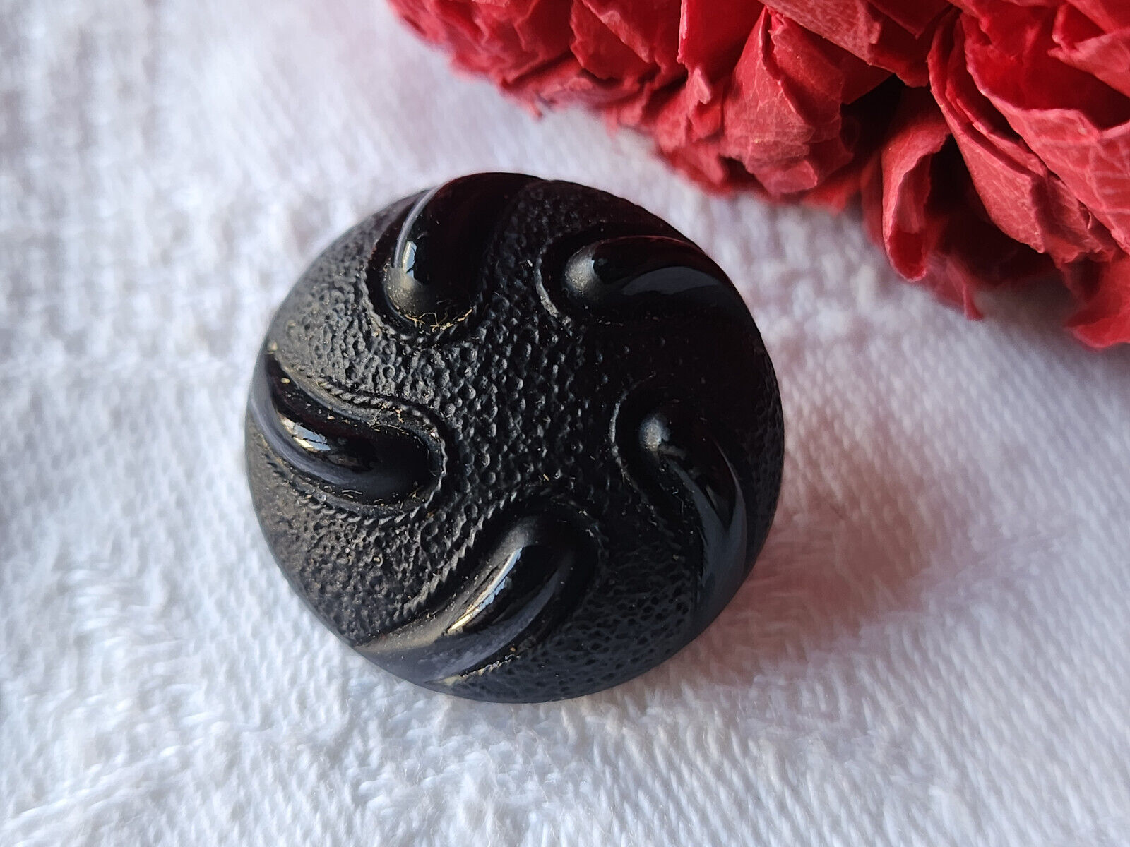 Gros bouton ancien en verre noir contraste mat lumineux 2,2 cm D9C