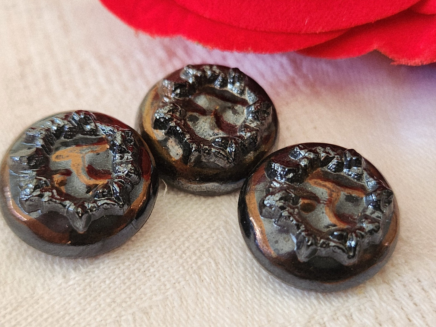 Trio boutons anciens en verre noir cuivré vintage 1,8 cm G2F