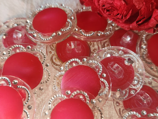 Lot 6 boutons vintage à pied transparent coeur rose 2,3 cm ref 2780