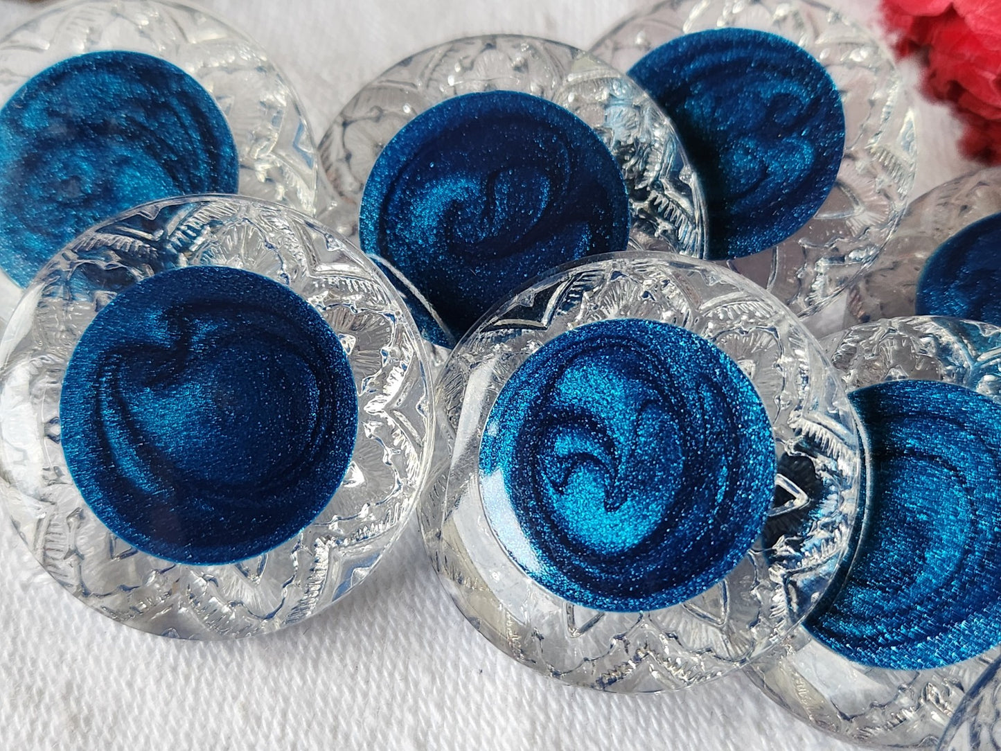 Lot 6 gros boutons vintage coeur bleu scintillant transparent 2,8 cm ref 3660