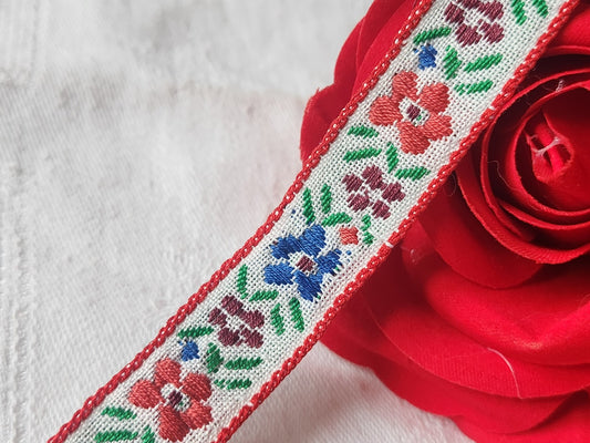 Galon vintage tissé fleur bleu rouge 3 métres sur 1,4 cm A2