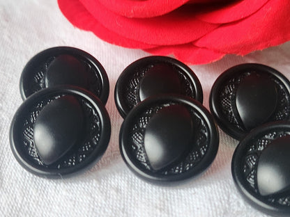 Lot 6 boutons ancien en verre noir élégant dessin fort relief 2,1 cm ref 1265