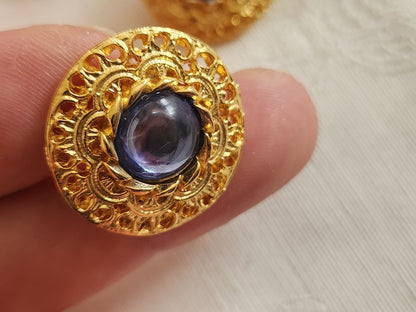 Lot 6 boutons vintage en métal doré volume coeur strass bleu 2,3 cm ref 6336