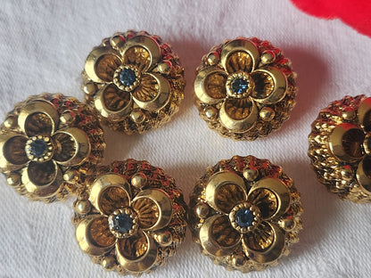 Lot 5 boutons vintage en métal doré volume coeur strass bleu 1,5 cm ref 3887