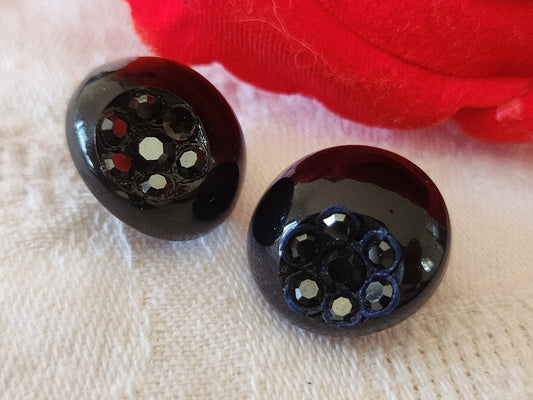 Duo boutons vintage parurier collection resine strass noie et bleu 1,7 cm G2B