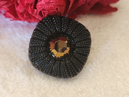 Bouton ancien en verre noir avec strass effet bronze vintage 2 cm D7A