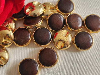 Lot 12 boutons vintage cœur en bois acrylique doré pied 1,7 cm / 17 mm ref 6305