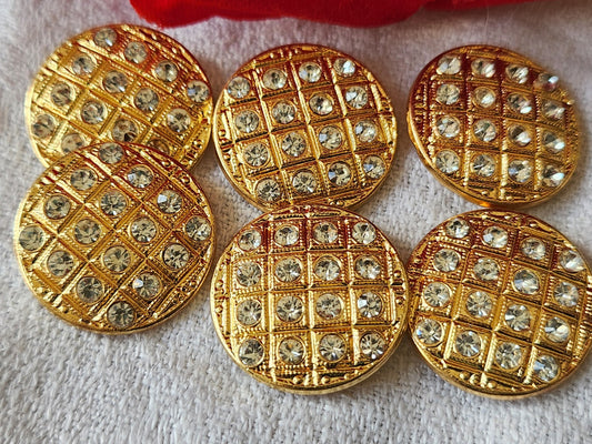 Lot 6 boutons vintage métal doré hyper léger strass verre 2,1 cm ref 285