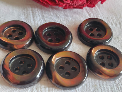 Lot  6 boutons anciens en nacre marron épais bord 2,5 cm lourd ref  5943