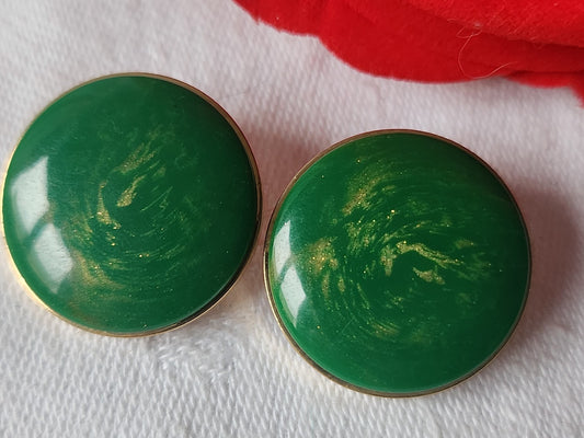 Duo boutons vintage  métal vert paillette doré 2,2 cm pied  D5G