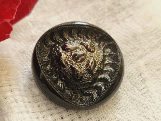 Bouton vintage en verre noir argenté à pied cœur texturé 2,2 cm D9D