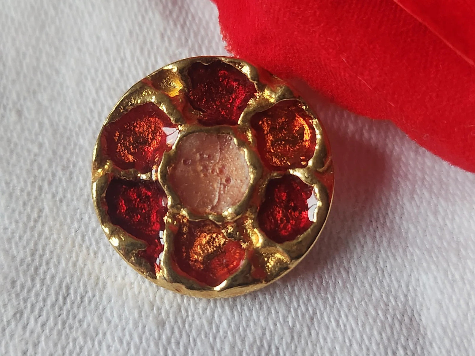 Bouton vintage métal coeur nacré orange rouge pied 2,2 cm G5D