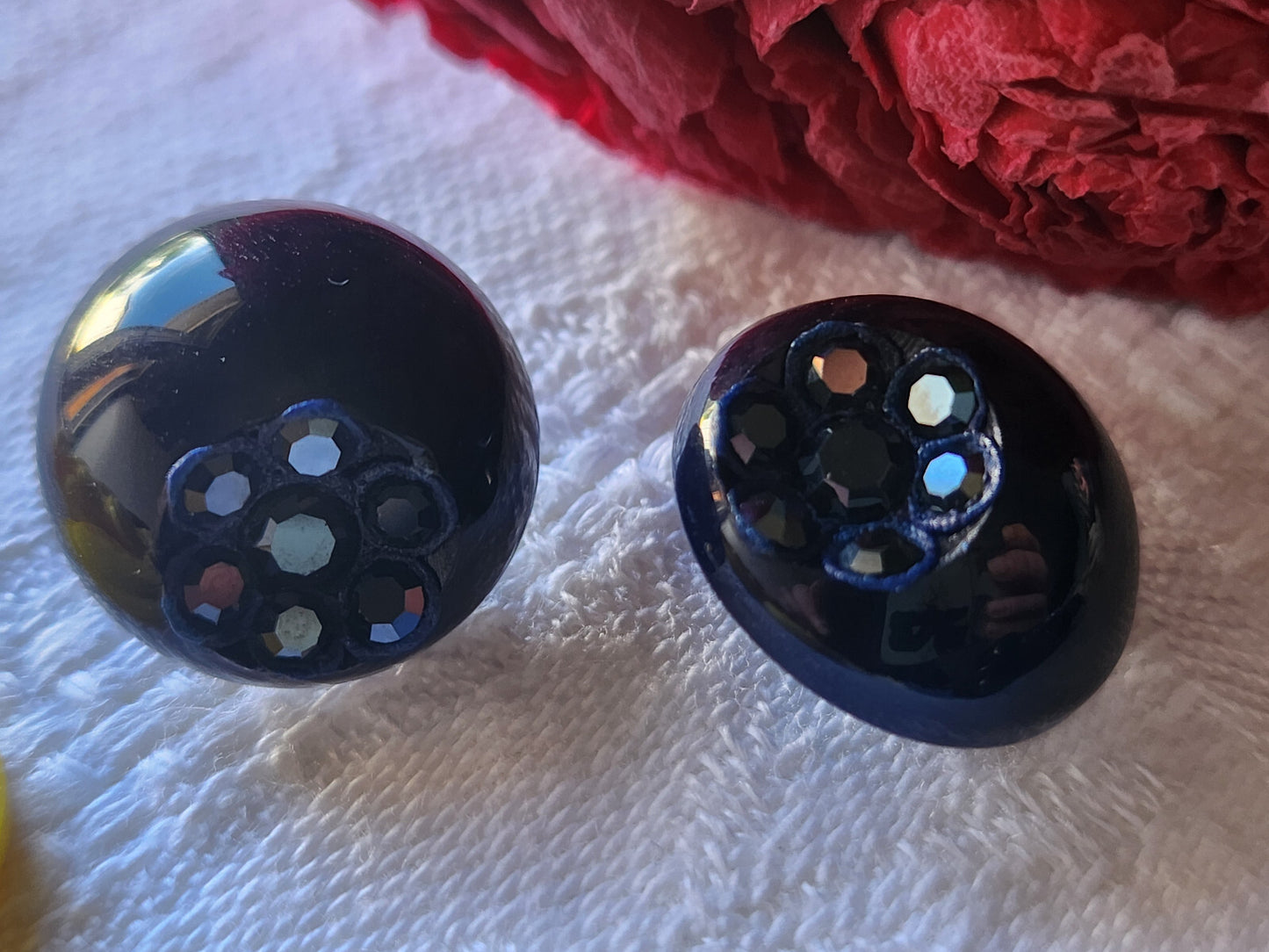 Duo boutons vintage parurier collection resine strass fleur bleu 1,8 cm G7B