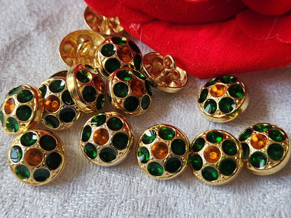 Lot 7 mini boutons vintage métal doré effet strass vert orange  1,1 cm ref 0098