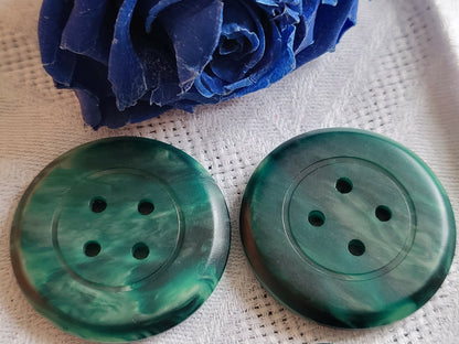 Duo gros boutons ancien vert marbré camaïeu épais travaillé 3,4 cm ref 5003