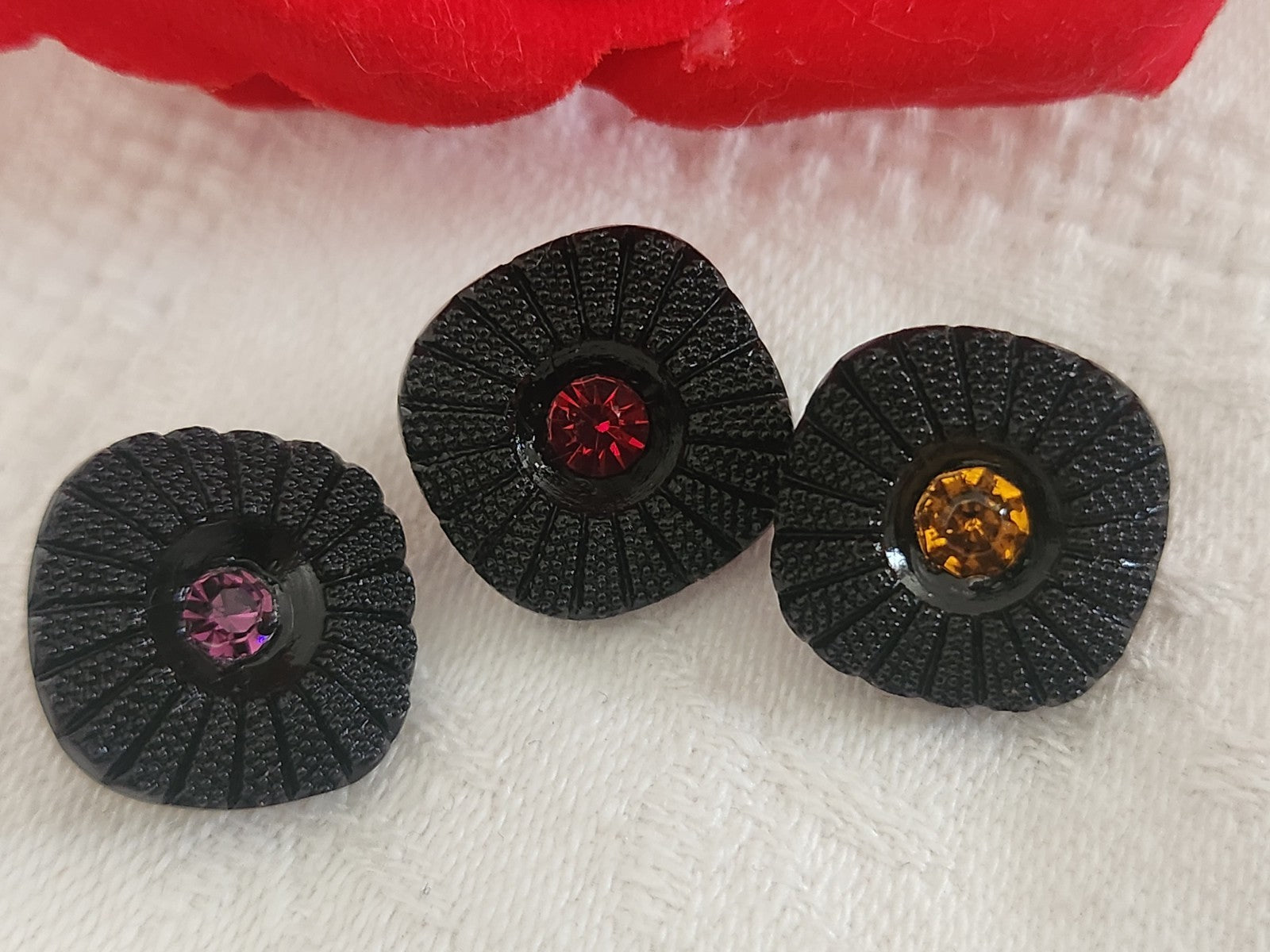 Trio bouton vintage en verre strass marguerite noir 1,6 cm ou 16 mmG19