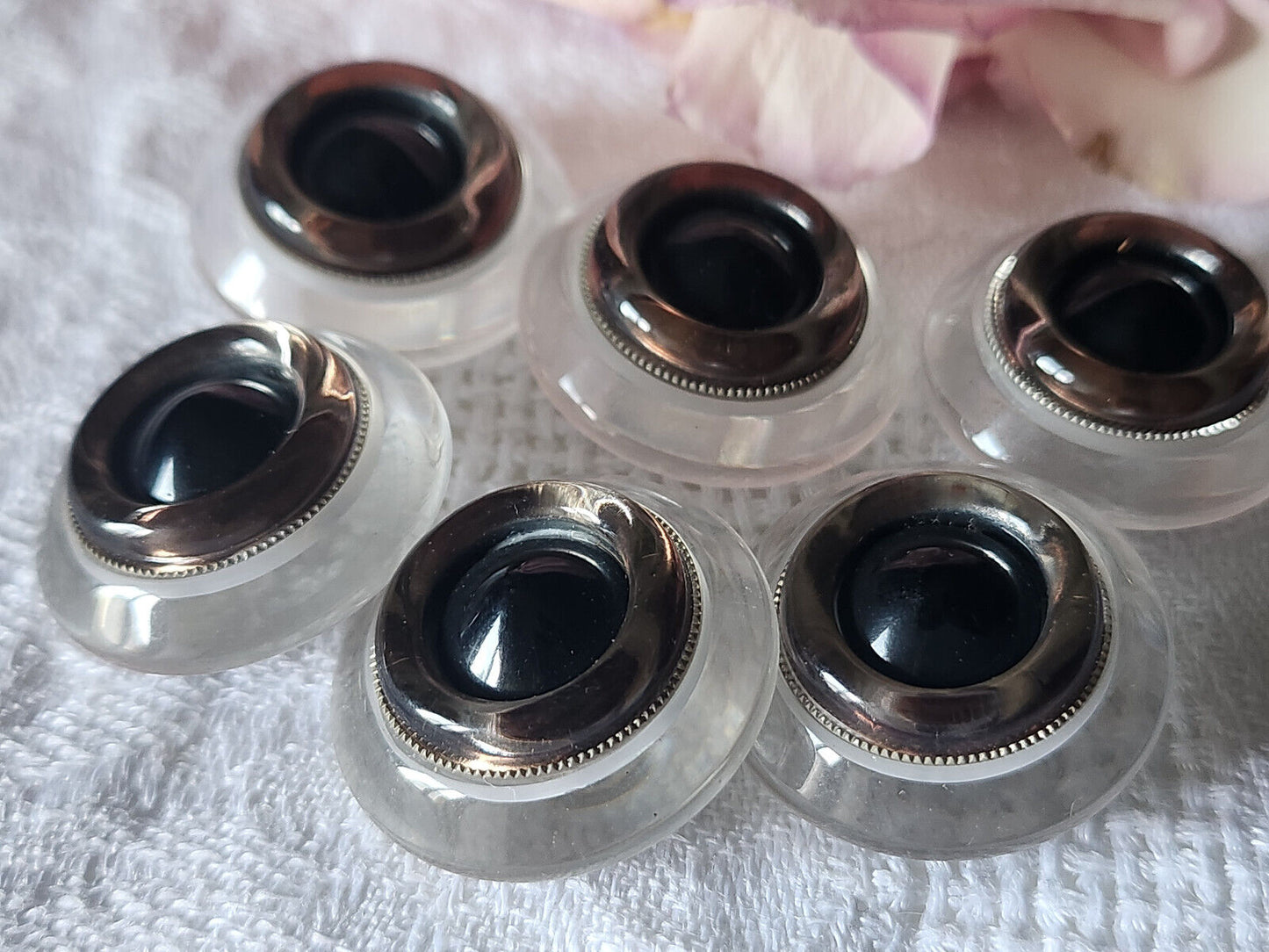 Lot 6 gros boutons vintage transparent noir argenté pied 2,5 cm ref 0213