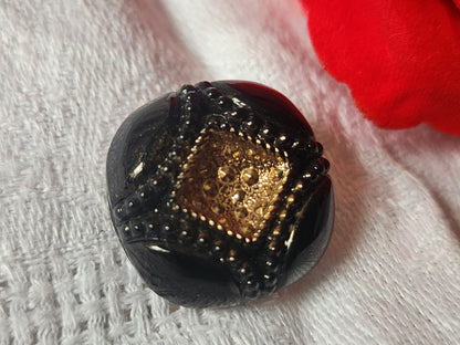 Gros bouton en verre noir doré volume vintage  2 cm D13G