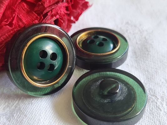 Trio gros boutons vintage vert transparent pied 2,7 cm ref 1327