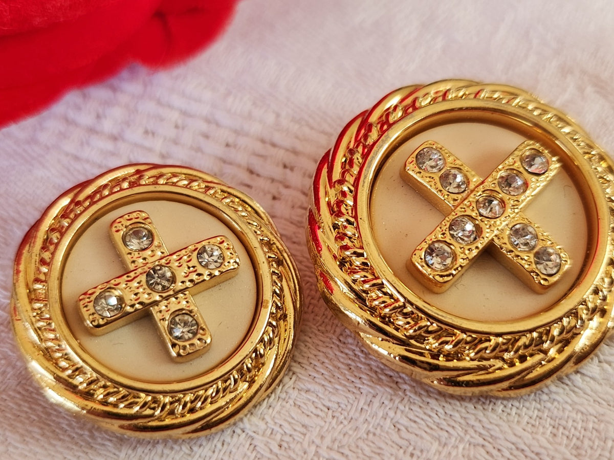 Duo boutons acrylique doré avec strass en verre pied 3 cm et 2,5 cm gros G18P