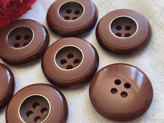 Lot 6 boutons vintage épais marron cerclure argenté diamètre: 2,6 cm ref 3496 *