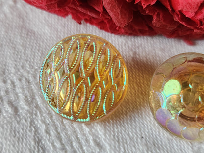 Duo boutons anciens en verre orange mordoré 1,7 et 1,8 cm G3D