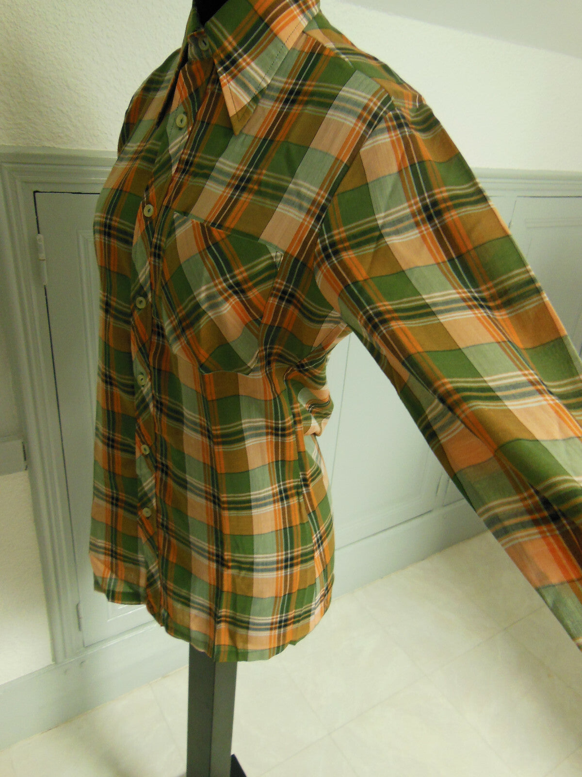 Pur vintage ancienne chemise à carreaux vert orange T38? col  B4
