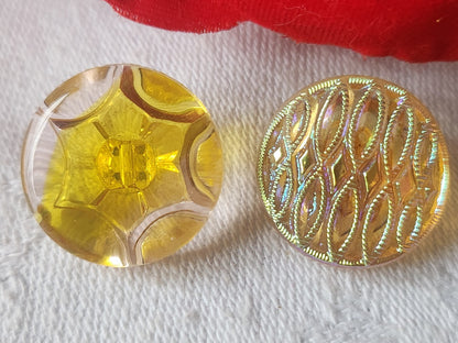 Duo boutons anciens en verre  motif jaune orange  vintage 1,8 cm D10C