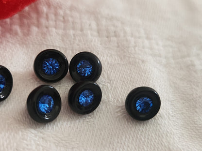 Lot 6 minuscules bouton en verre noir strass bleu vintage 0,7/08 cm ref 6358