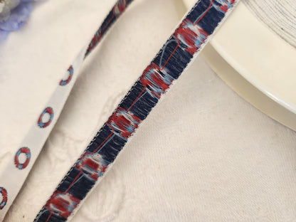 Galon vintage theme mer/ marin bouée tissé blanc bleu 3 mètres sur 1 cm A3
