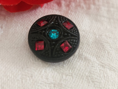 Bouton vintage en verre noir avec strass verre rouge vert 18 mm ou   1,8 cm G19A