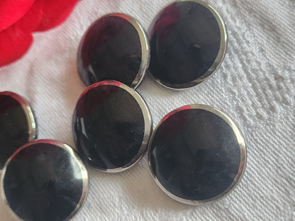 lot 6 gros boutons ancien en verre noir argenté  bombé lisse 2,2 cm ref 2877