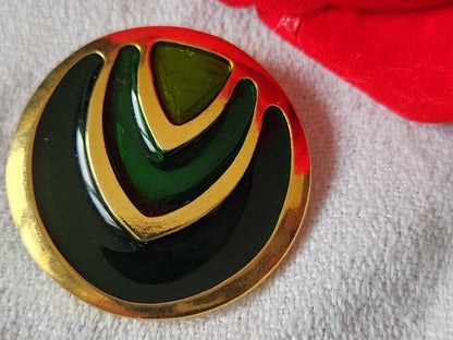 Enorme bouton vintage en métal doré 3,3 cm vert à pied G19P