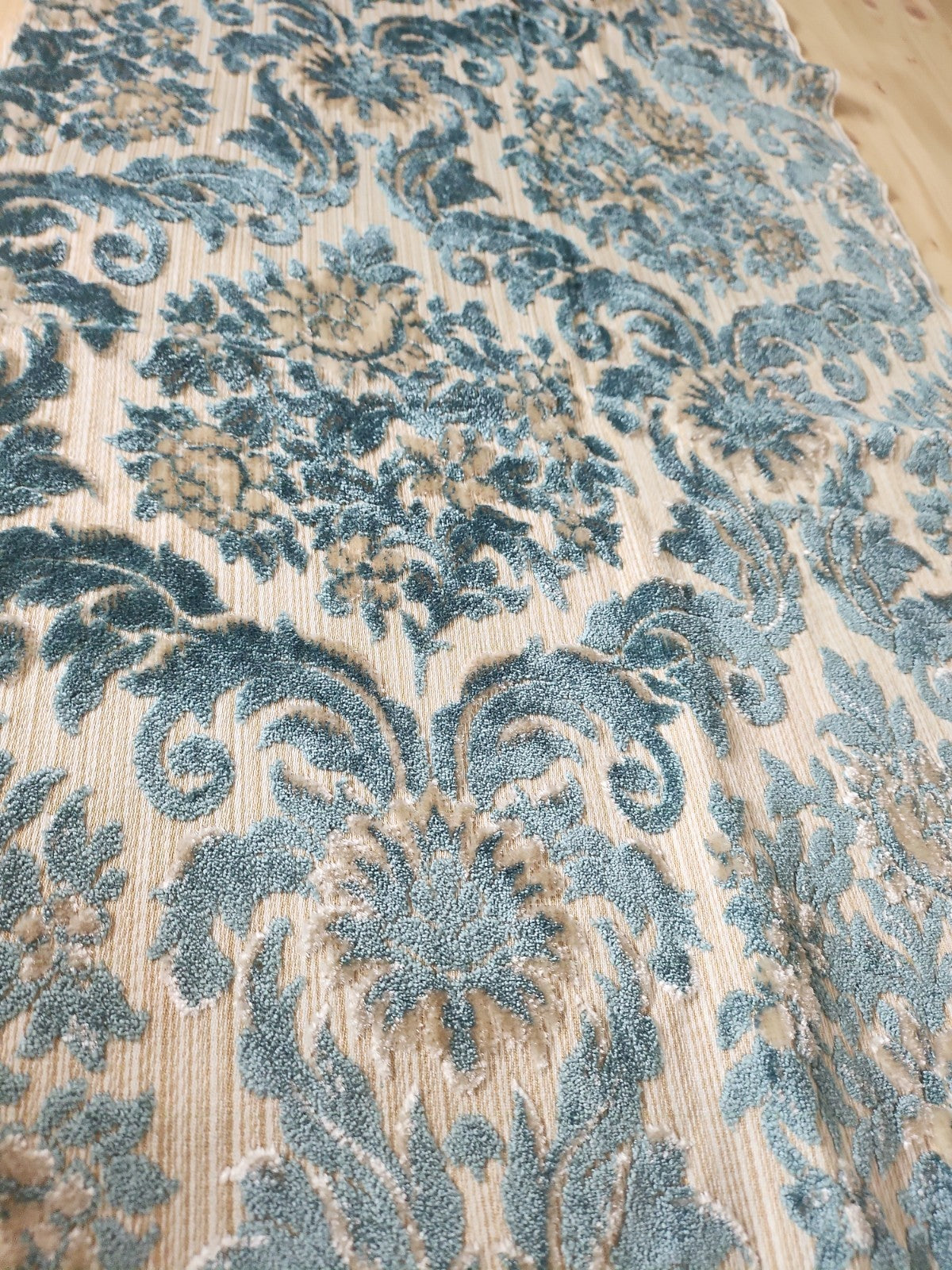 Ancien coupon de tissu tapisserie bleu écru fauteuil 133 sur 50 cm B4