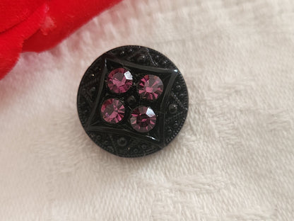 Bouton vintage en verre noir avec strass verre violet 18 mm ou   1,8 cm G19D