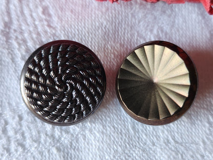 Duo boutons anciens en verre gris marron pied 1,7 cm D9M