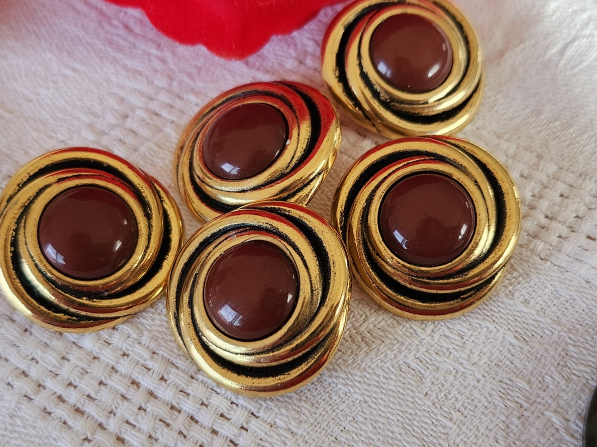 Lot 5 gros boutons vintage  métal doré marron lourd 2,4 cm 24 mm ref 0014
