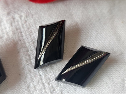 Trio boutons anciens en verre noir argenté pointe à pointe 2 et 2,5 cm G17B