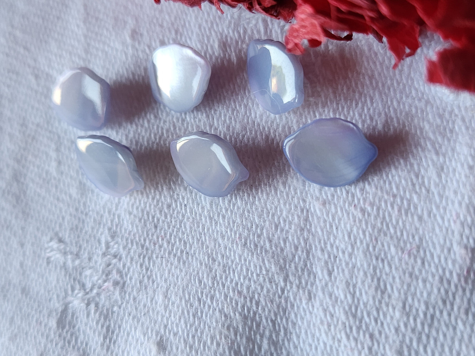 Lot 6 mini boutons anciens en nacre feuille bleu  pied 1,1 sur 0,8 cm ref 521