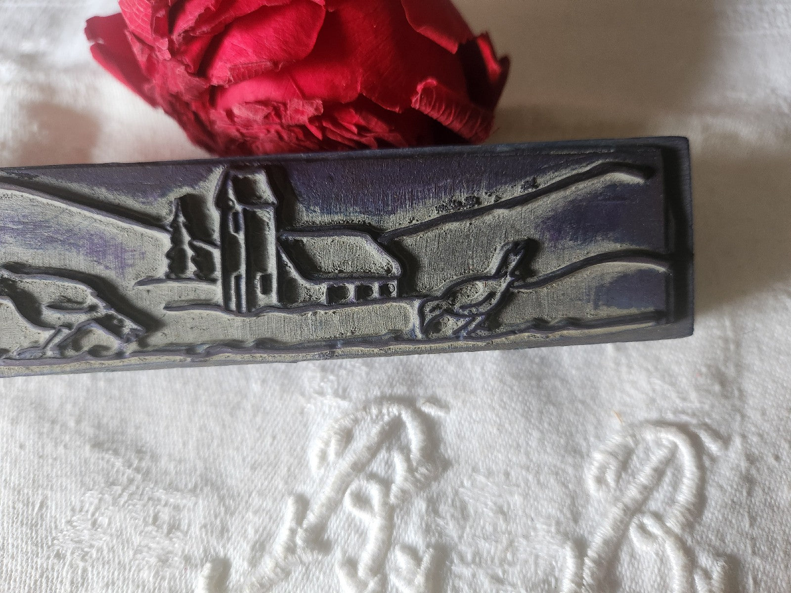 Tampon ancien frise idéale broderie paysage oiseau collection 16  cm  n°44-2