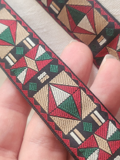 Large galon vintage motif géométrique vert marron rouge 3 mètres A5